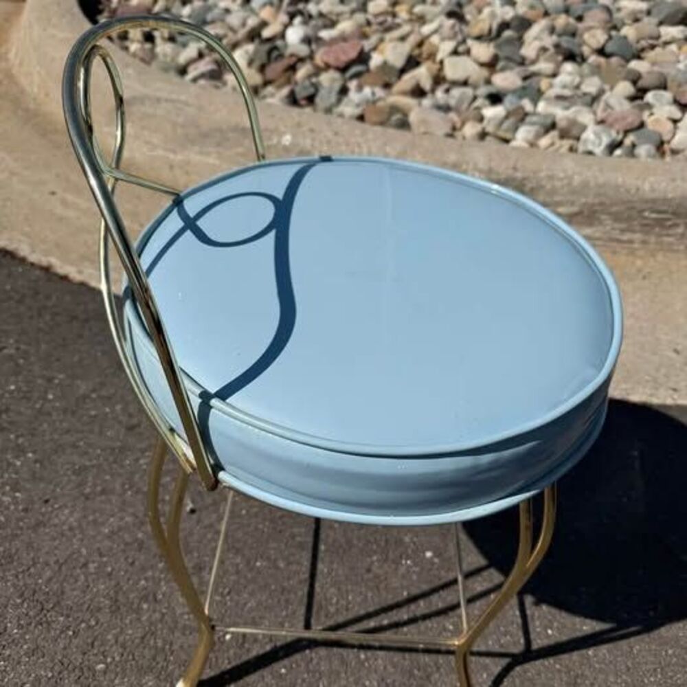 Vintage Mid-Century Hollywood Regency Brass Vanity Chair Stool - Pastel Sky Blue